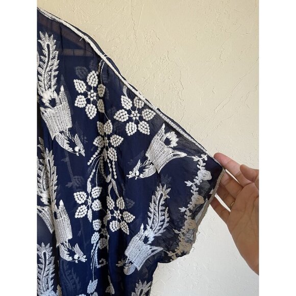 Ya Ya Club Navy Blue Cream Embroidered Floral Kimono Wrap Fringe Semi Sheer Size - Picture 6 of 8